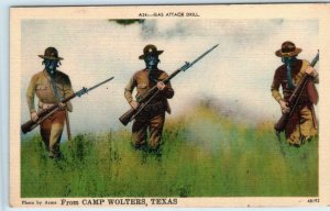 CAMP WOLTERS, Texas TX  Soldiers GAS ATTACK DRILL c1940s Linen WWII Era Postcard