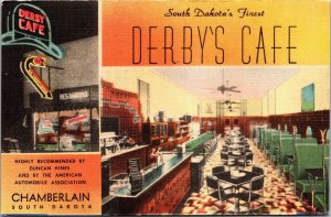 Linen Postcard Derby's Cafe Restaurant in Chamberlain, South Dakota~1664