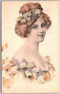 1910's Beautiful Woman Hair Dress Flowers Fashion Portrait Posted Postcard