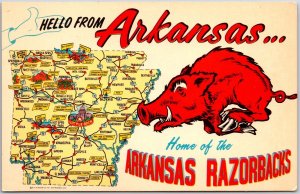 Arkansas AR, Home of Razorback, Famous Places, Map, Greetings, Vintage Postcard