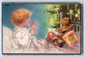 Christmas Postcard Little Girl Seen Toys Embossed Bloomington Illinois IL 1908