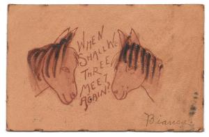 Vntg Leather Postcard Horses When Shall We Three Meet Again?