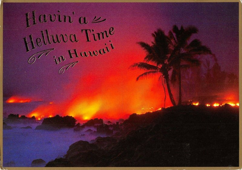 MIN0602 hawaii kalapana  kilauea vulcano moten lava palmtree ocean by night