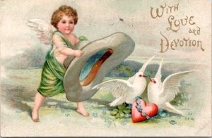 Postcard Romance With Love and Devotion - Cupid capture doves and heart with hat