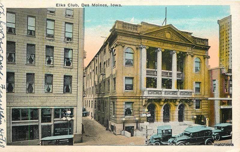 Automobiles DES MOINES, IOWA Elks Club Hymans postcard 17183