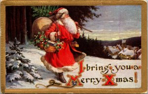 Santa Basket Holly Sack Merry Xmas Christmas Postcard Gold Embossed 1913