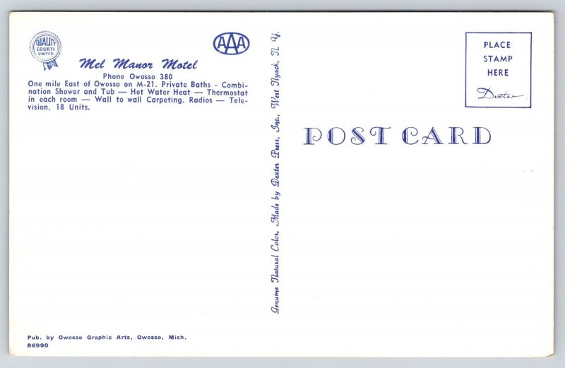 Owosso Michigan~Roadside M-21 Mel Manor Motel~1950s Cars~Postcard
