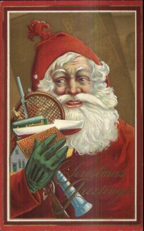 Christmas - Santa Claus Green Gloves & Toys 213B c1910 Postcard