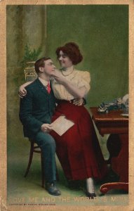 Vintage Postcard 1910's Lovers Couple Sitting On Lap In The Office Room Smiling