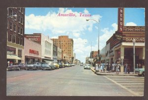 AMARILLO TEXAS DOWNTOWN STREET SCENE 1950's CARS STORES VINTAGE POSTCARD