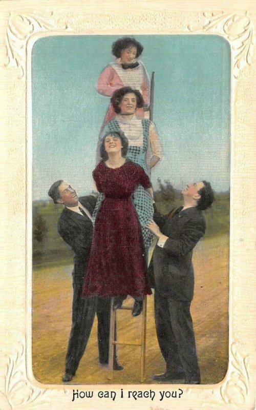 Old Fashioned Comic   THREE WOMEN ON LADDER~Laughing Men Holding  1914 Postcard