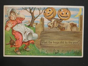 1909 Julius Bien Halloween Postcard Woman, Cow, Jack-O'-Lanterns Pittsburg, PA