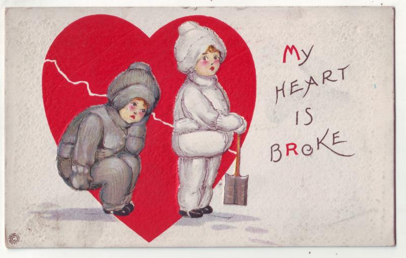 P725 old embossed card winter dressed big red broken heart, my heart is broken