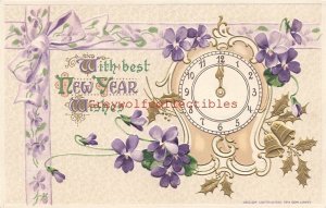 New Year, Purple Flowers, Clock Striking Midnight, Embossed, Edward Lowey