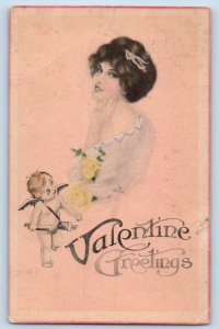 Lesueur Center MN Postcard Valentine Greetings Pretty Woman Cupid Angel 1921