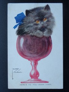 Comic CAT IN A GLASS Here's To You GOOD LUCK Artist Lawson Wood c1920s Postcard