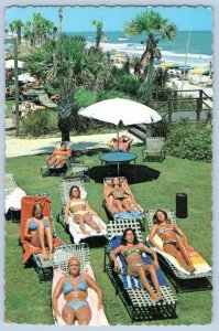 1960's 7 GIRLS IN BIKINIS LAYING IN THE SUN ON LOUNGE CHAIRS MYRTLE BEACH SC 4X6 