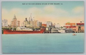 Linen~Barges & Skyline of New Orleans Louisiana~Vintage Postcard