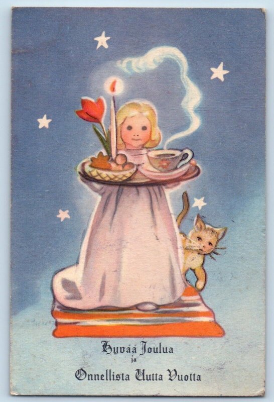 Finland Postcard Christmas And New Year Little Girl With Bread Tea Cat Vintage