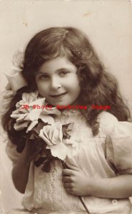 Studio Shot, RPPC, Pretty Young Girl Holding Flowers, Rotary Photo