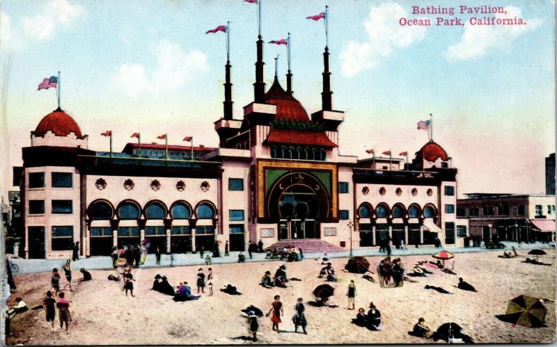 Vtg Bathing Pavilion Beach Scene American Flag Ocean Park California CA Postcard