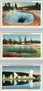 3 Postcards YELLOWSTONE NATIONAL PARK Morning Glory & Emerald Pools, Geyser Hill