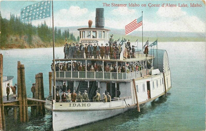 Postcard C-1910 Idaho Coeur D'Alene Steamer Idaho Flag Spokane 23-13823