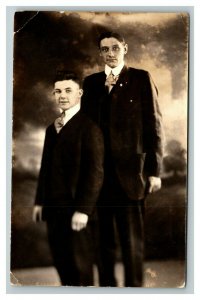 Vintage 1920's RPPC Postcard - Studio Portrait Tall Father & Son Well Dressed