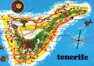 VINTAGE POSTCARD CONTINENTAL SIZE ANIMATED MAP OF TENERIFE SPAIN