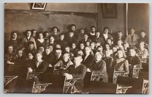 RPPC School House Interior Classroom Children Desks Chalkboard Postcard T27