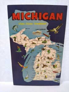 Map Postcard Michigan Water Winter Wonderland Lakes Seagull Swimmer Boats Unused