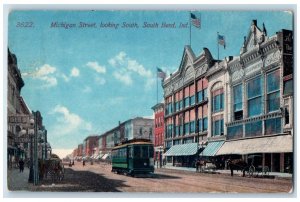 1913 Michigan Street Looking South Trolley Stores South Bend Indiana IN Postcard