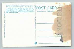 New York NY- New York, Park Row Building, 1st Skyscraper NY, Vintage Postcard 