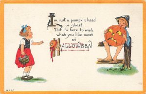 370519-Halloween, Bergman No 1623/1-4, Girl Approaching Boy on Fence Holding JOL