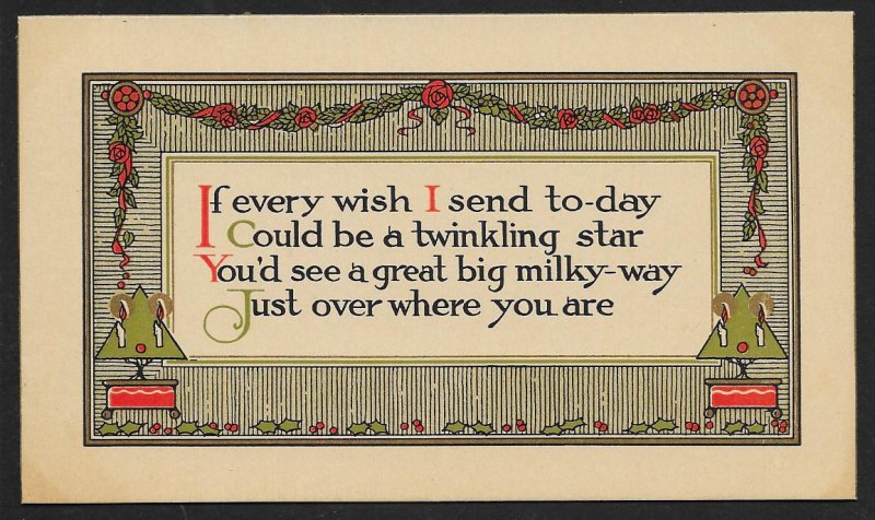 Best Wishes 'If Every Wish I Send Today...' Holly & Candles Unused c1910s