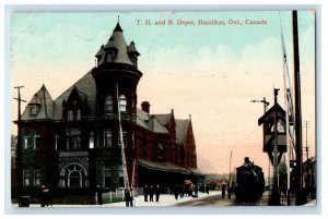 1910 Train Locomotive, TH and B Depot Hamilton Ontario Canada Postcard