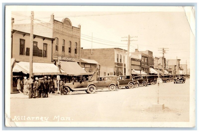 Killarney Manitoba Canada Postcard RPPC Photo Street View Anderson's Cafe Cars