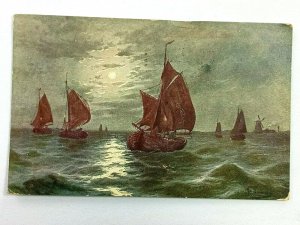 Vintage Postcard 1910 Sailboats in the Ocean in the Moonlight