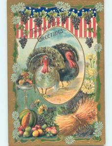 Pre-Linen patriotic thanksgiving USA FLAG WITH HARVEST AND TURKEYS HJ3002