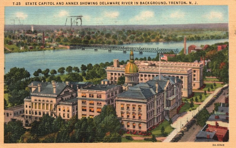 Vintage Postcard 1944 State Capitol & Annex Showing Delaware River Trenton NJ