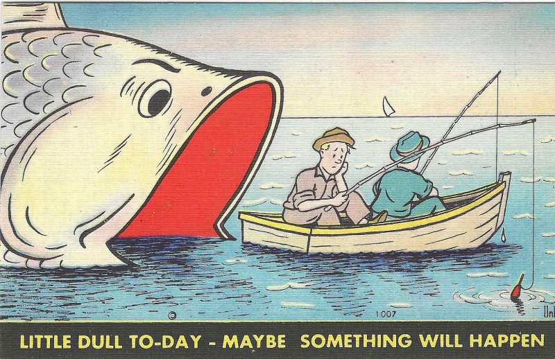 1940's Comic Cartoon Fishing Artist Signed Linen Postcard