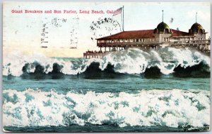 1915 Long Beach CA-California, Giant Breakers and Sun Parior, Vintage Postcard