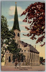 Joliet Illinois 1940s Postcard St. Mary's Catholic Church posted later