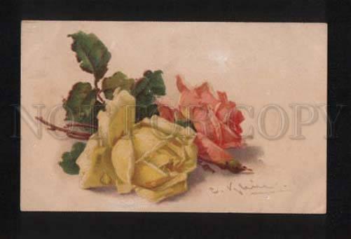 052407 Yellow & Pink ROSES Flowers by C. KLEIN vintage PC