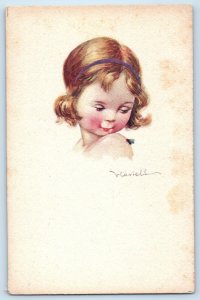 c1910's Cute Little Girl Curly Hair With Fly Signed Artist Antique Postcard