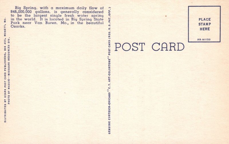 Vintage Postcard The Big Spring Largest Single Spring In The World Van Buren MO