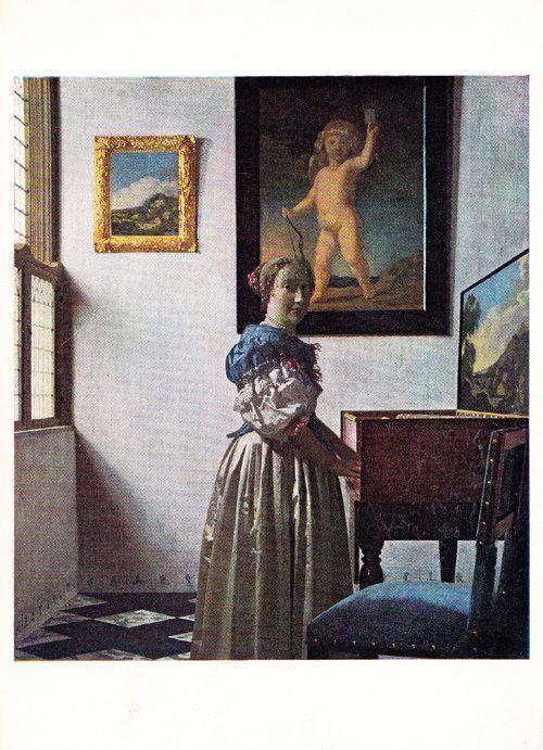 Vermeer A Young Woman Standing At A Virginal Rare Art Gallery Painting Postcard