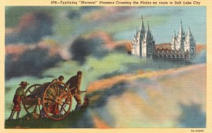 Vintage Postcard Typiflying Mormon Pioneers Crossing Plains Salt Lake City Utah