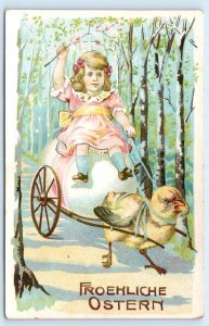 EASTER GREETING~ Froehliche Ostern Girl Riding GIANT EGG on CART c1910s Postcard