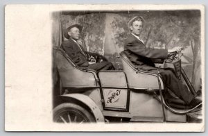 RPPC Two Handsome Men Studio Photo Automobile Denver Pennant  Postcard V21